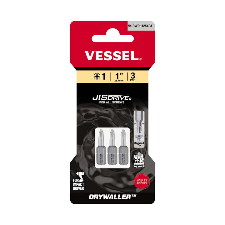 Vessel Tools DWPH1254P3 DRYWALLER Insert Bit (PH1 x 25.4 mm, 3 pcs.)