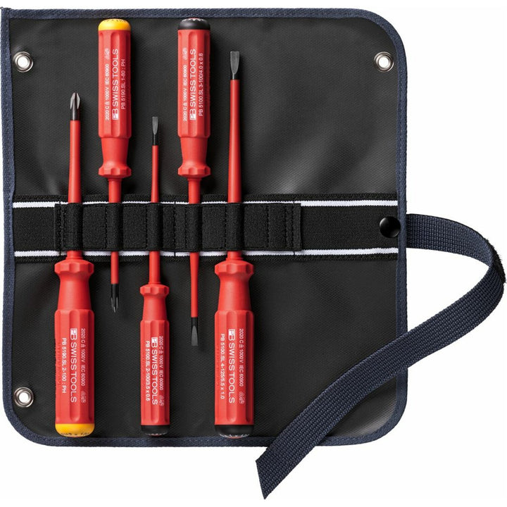 PB Swiss PB 5542.SU SL GY Screwdriver Set Slotted/Phillips in Roll-Up Case with Classic VDE Handle, 5 Pcs