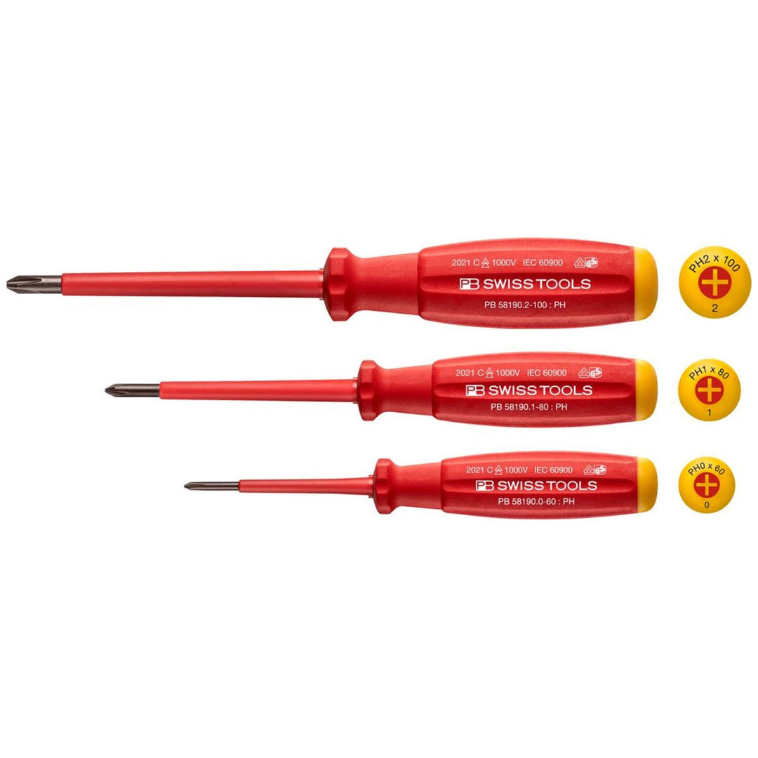 PB Swiss Tools PB 58548.CBB Screwdriver Set Phillips with SwissGrip VDE Handle 1000V Insulated PH0-PH2 3-Piece