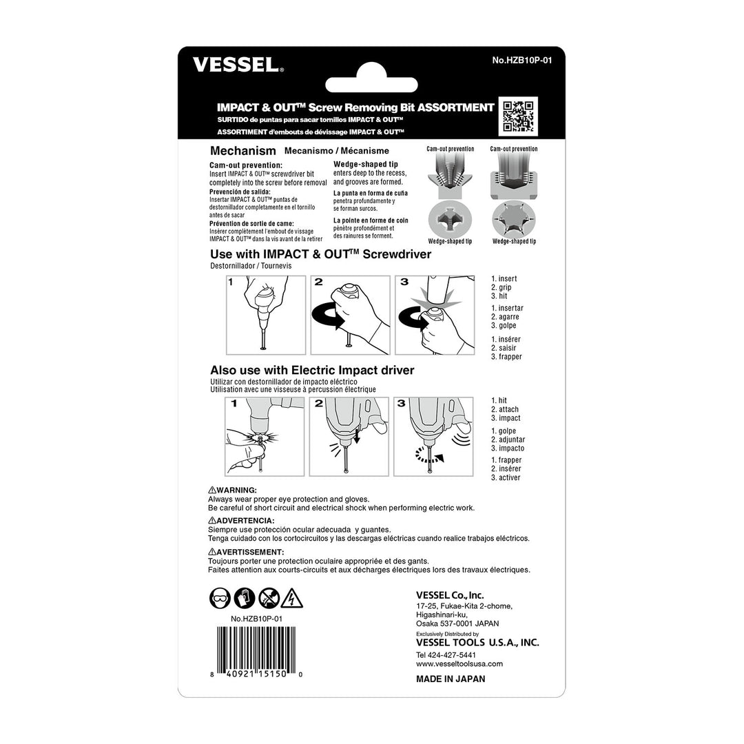 Vessel Tools HZB10P01 Impact & Out Screw Removing Bit Assortment, 10 Pc.