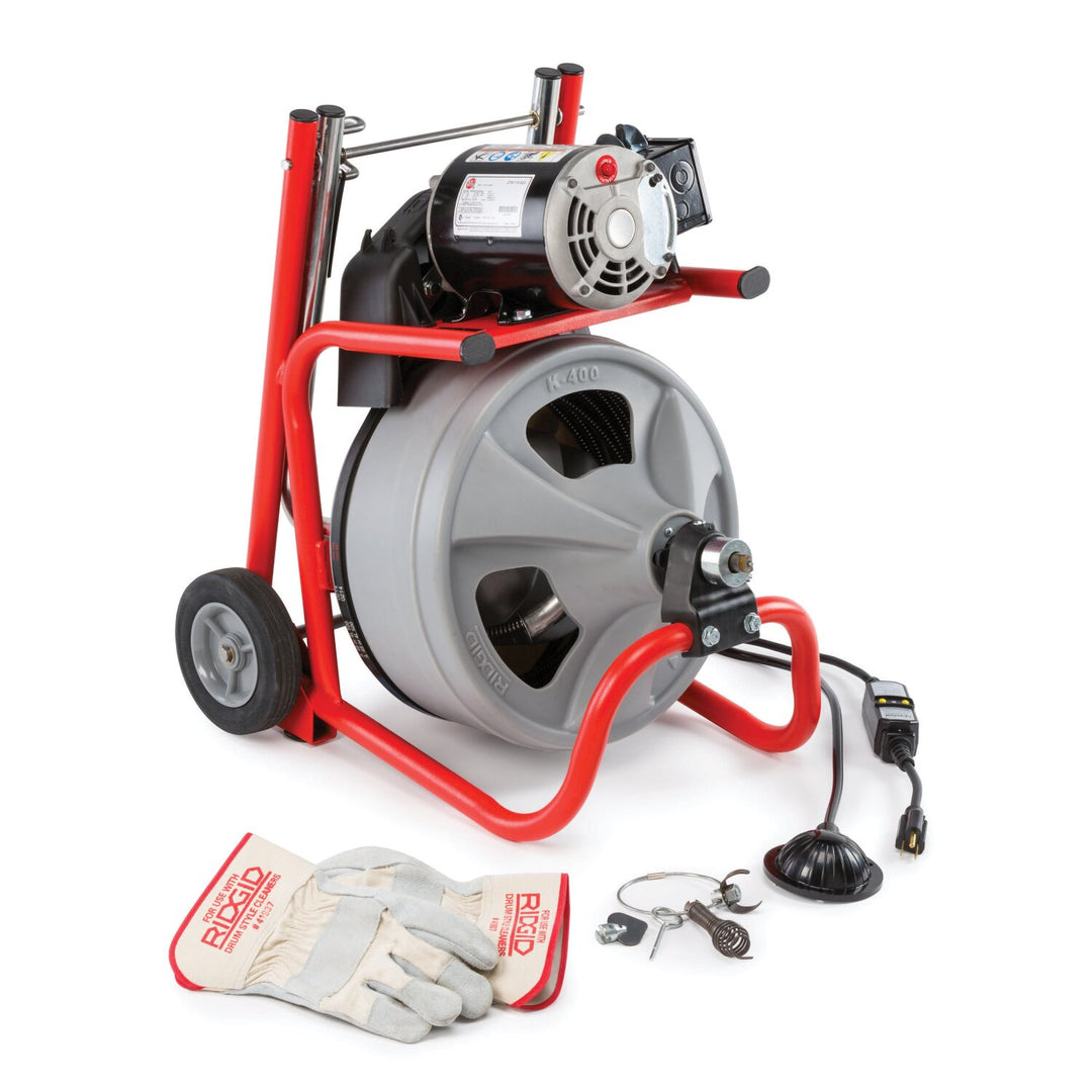 Ridgid 26993 K-400 Machine with Gloves & Std. Equipment: C-31 IW 3/8" x 50' (10 mm x 15.2 m) Solid Core (Integral Wound) Cable, T-260 Tool Set Includes: T-202 Bulb Auger