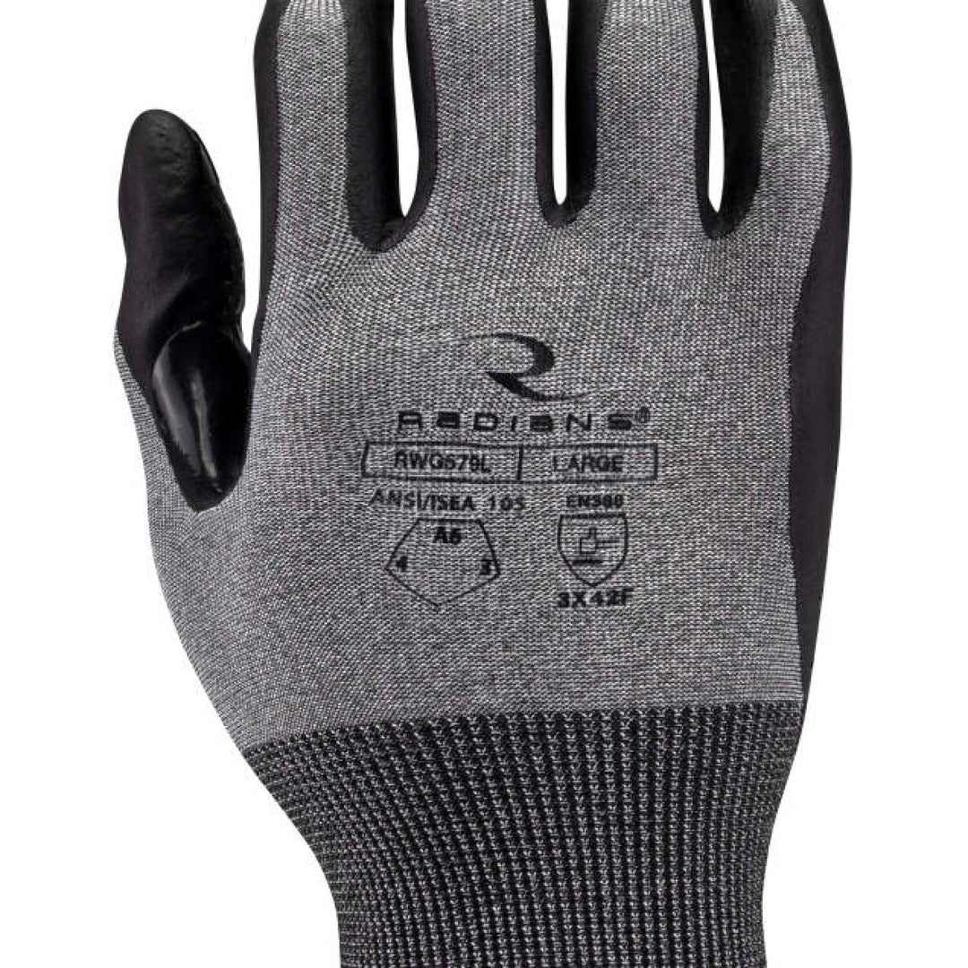 Radians RWG579 Cut Level A6 HPPE/Tungsten Foam Nitrile Dotted Palm Dip Glove
