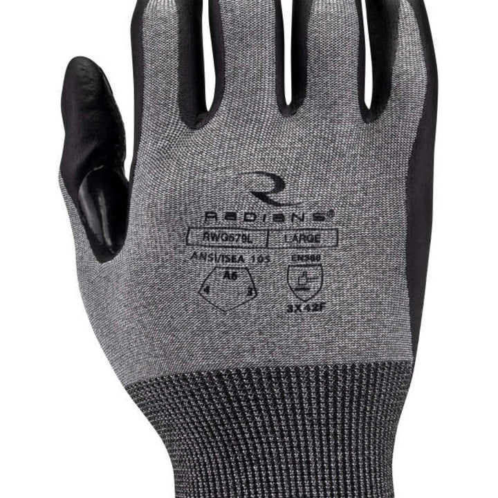 Radians RWG579 Cut Level A6 HPPE/Tungsten Foam Nitrile Dotted Palm Dip Glove