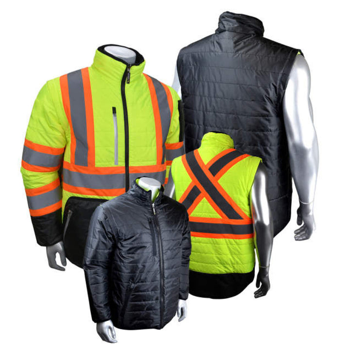 Radians SJ510X-3 Quilted Reversible Jacket with Zip-Off Sleeves X-Back - Hi Vis Green