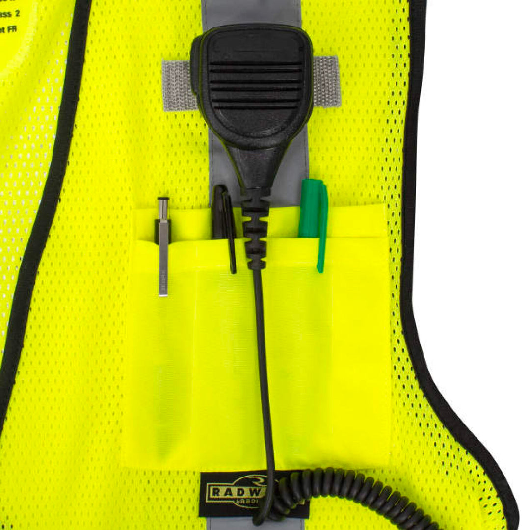 Radians SV75B-2 Black Bottom Self-Extinguishing Surveyor Vest - Hi-Vis Green