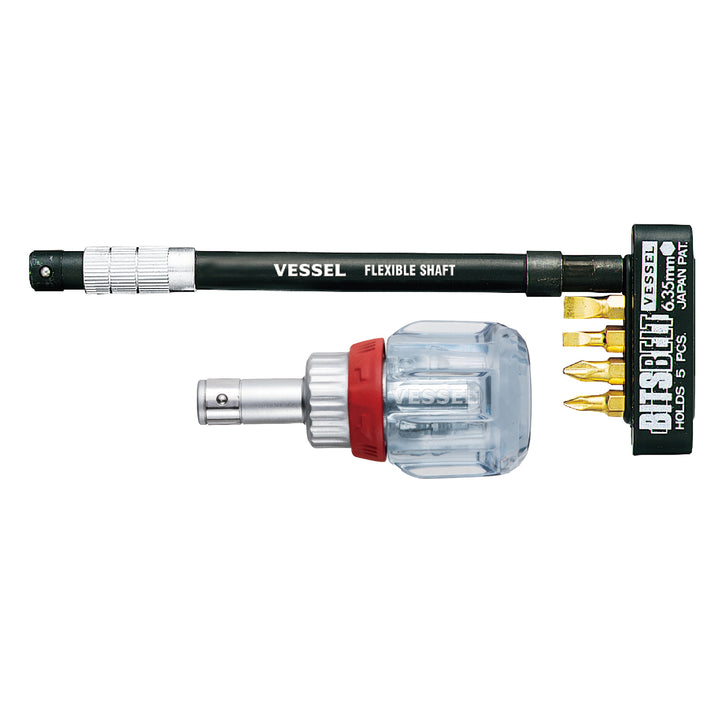 Vessel Tools TD6700FX4 CRYSTALINE Ratchet Stubby Screwdriver with Flexible Shaft & Insert Bits, 4 Pc.