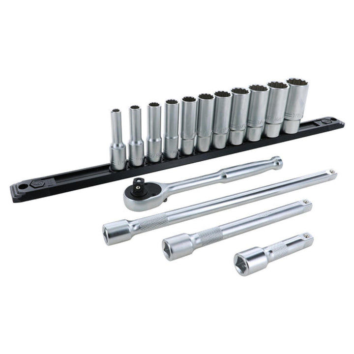 Wiha Tools 33792 3/8" Inch Drive 12 Point Deep Socket Set, 1/4" to 7/8" with Ratchet and Extensions, 15 Pc.