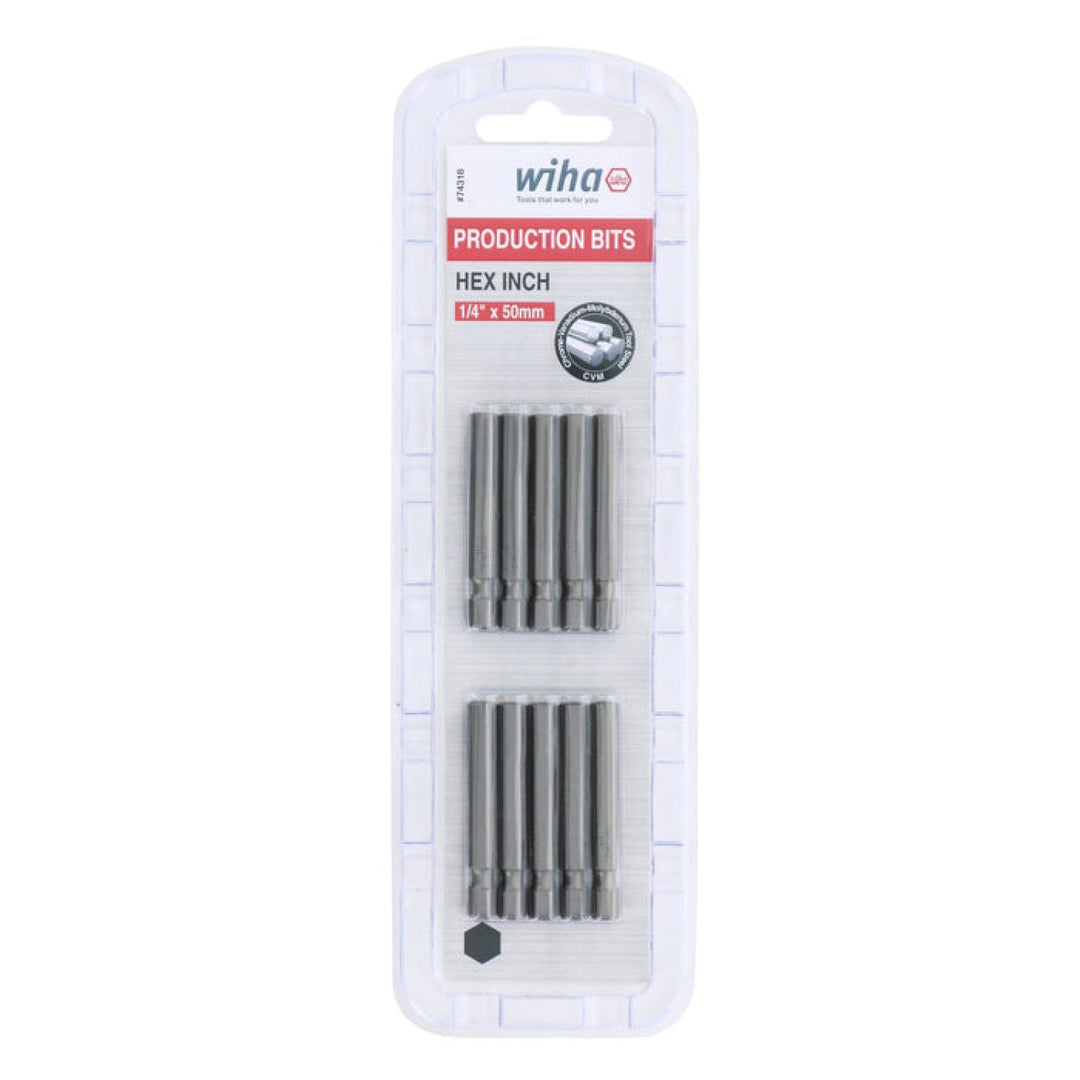 Wiha Tools 74318 Hex Inch Power Bit, 1/4" x 50 mm, 10 Pk.