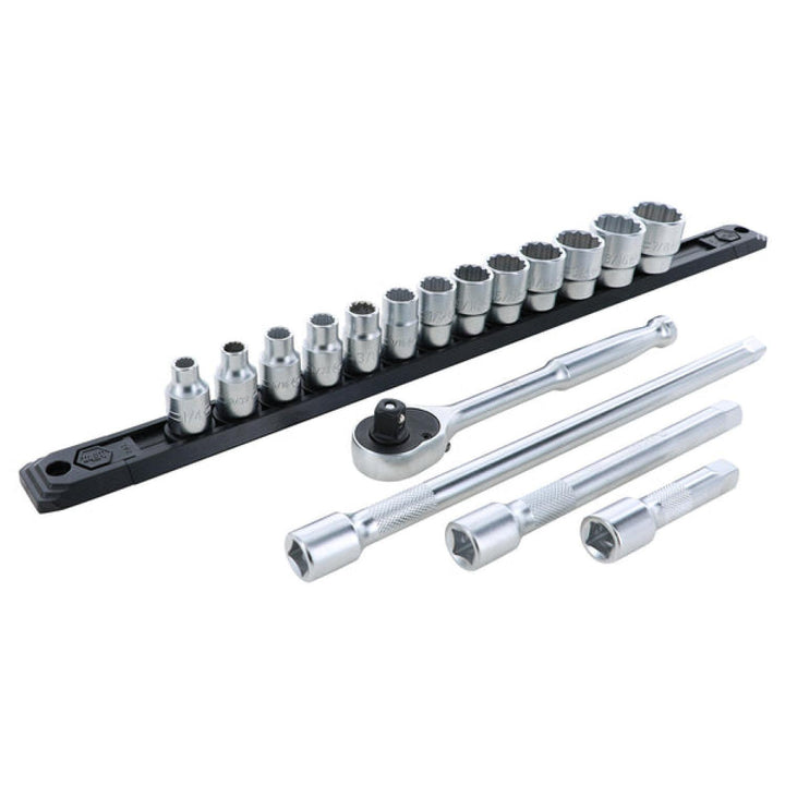 Wiha Tools 33790 3/8" Inch Drive 12 Point Socket Set, 1/4" to 7/8" with Ratchet and Extensions, 17 Pc.