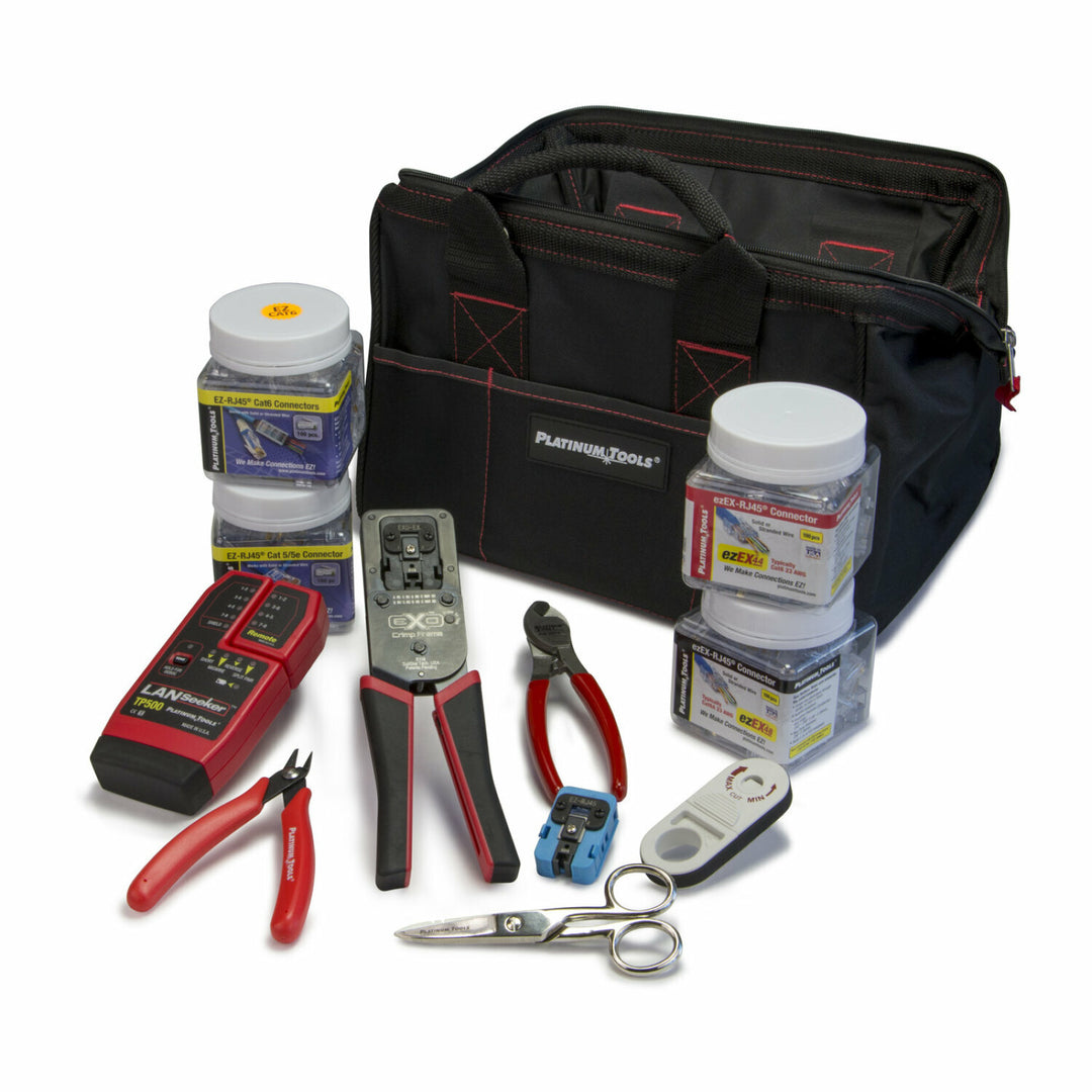 Platinum Tools 90149 ezEX-RJ45 Termination and Test Kit — Pass-Through RJ45s, Deluxe Installation, Includes LANSeeker Cable Tester and Tool Pouch
