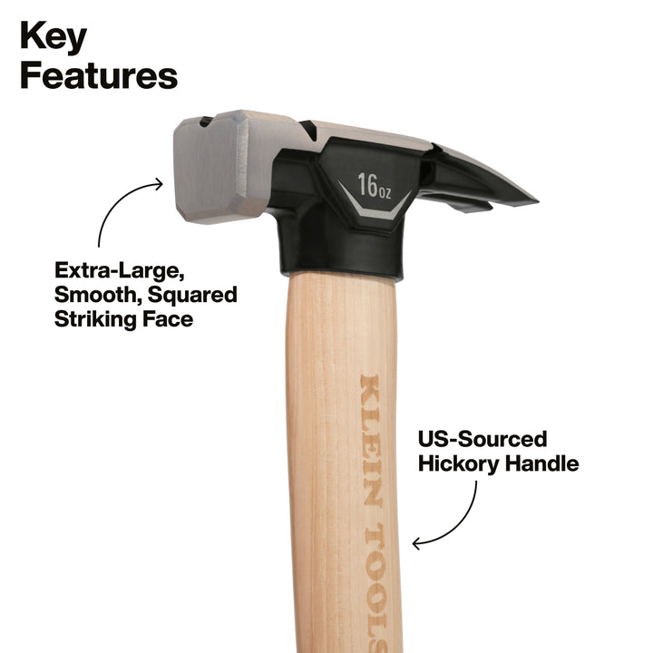 Klein Tools H80916HS Smooth Face Hickory Handle Hammer, 16-Ounce
