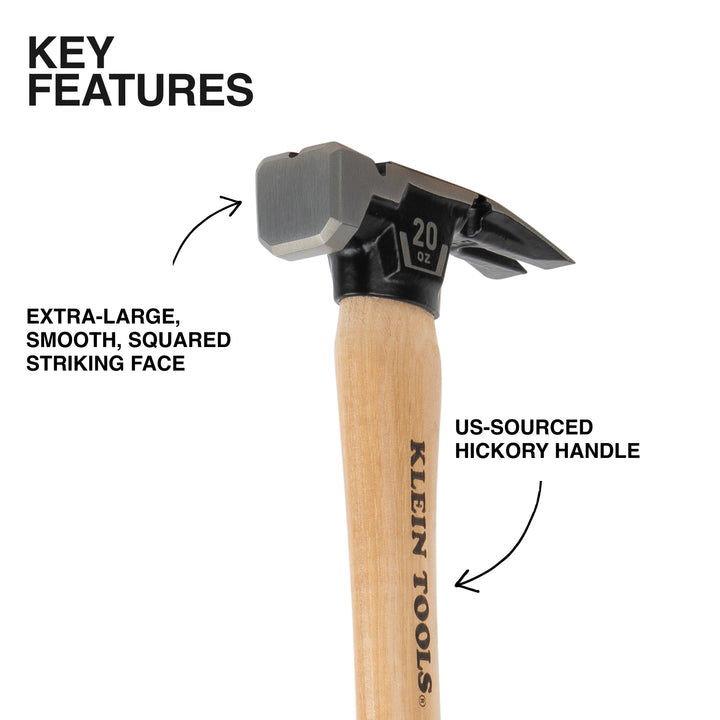 Klein Tools H80920HS Smooth Face Hickory Handle Hammer, 20-Ounce