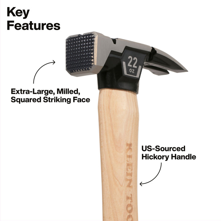 Klein Tools H80922H Milled Face Hickory Handle Hammer, 22-Ounce