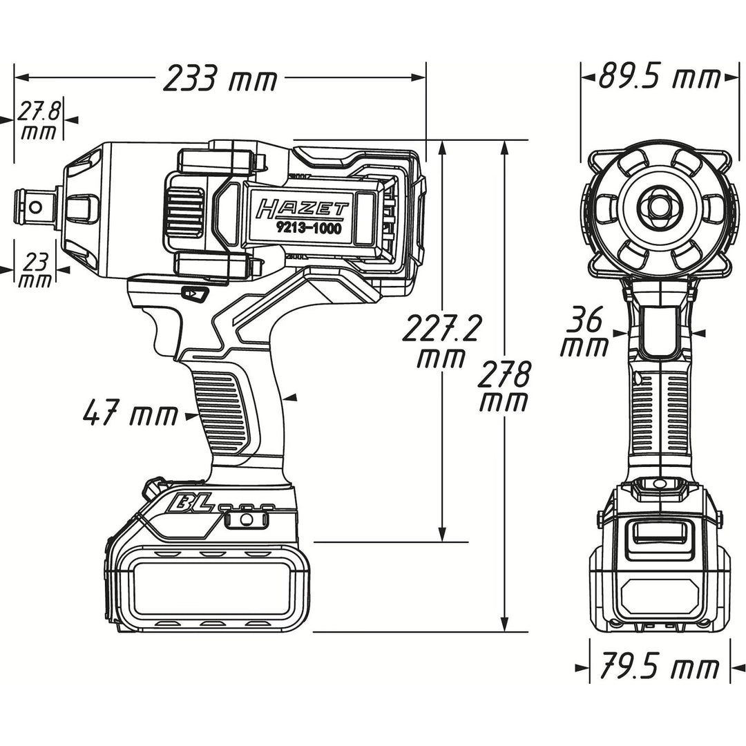 Hazet 9213-1000LB/4 4-Pieces Loosening Torque Maximum: 1400 Nm ∙ 3/4 inch Square Solid ∙ L-Boxx Cordless impact wrench