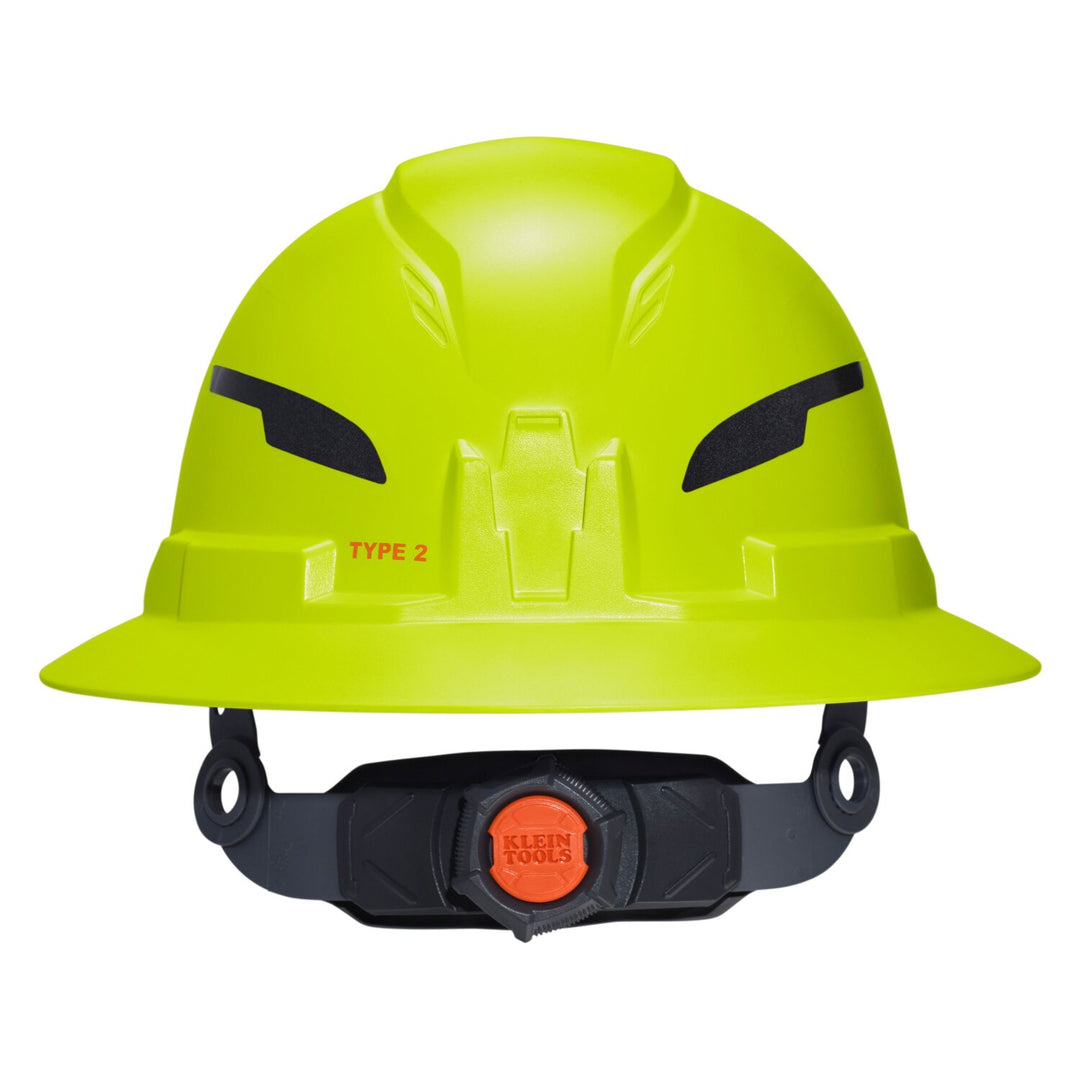 Klein Tools 60910T2 Class E Type-2 Hard Hat, Non-Vented Full Brim Style with Strap, High Visibility Lime