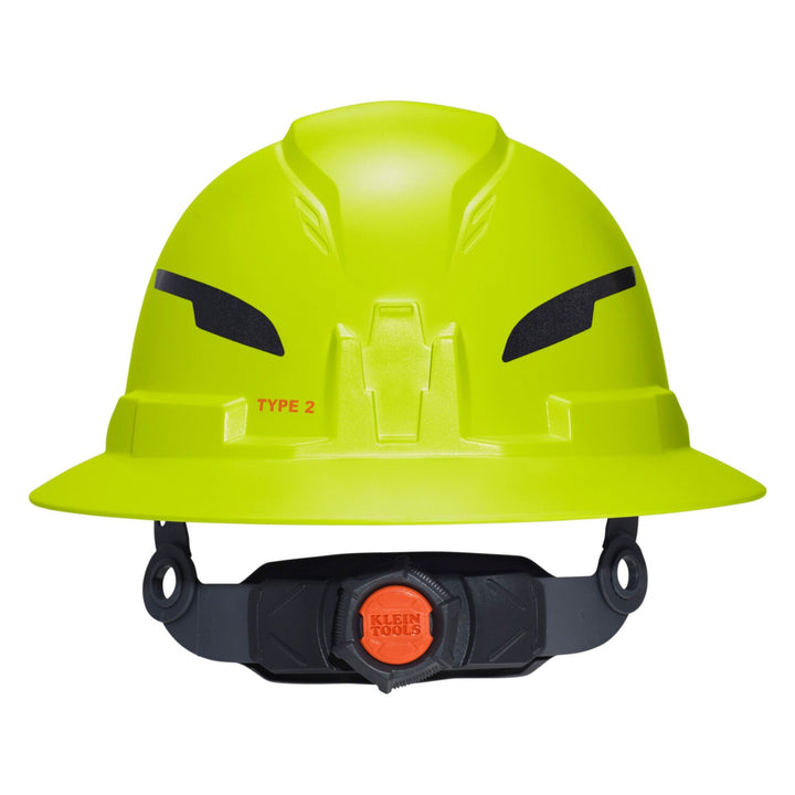 Klein Tools 60910T2 Class E Type-2 Hard Hat, Non-Vented Full Brim Style with Strap, High Visibility Lime