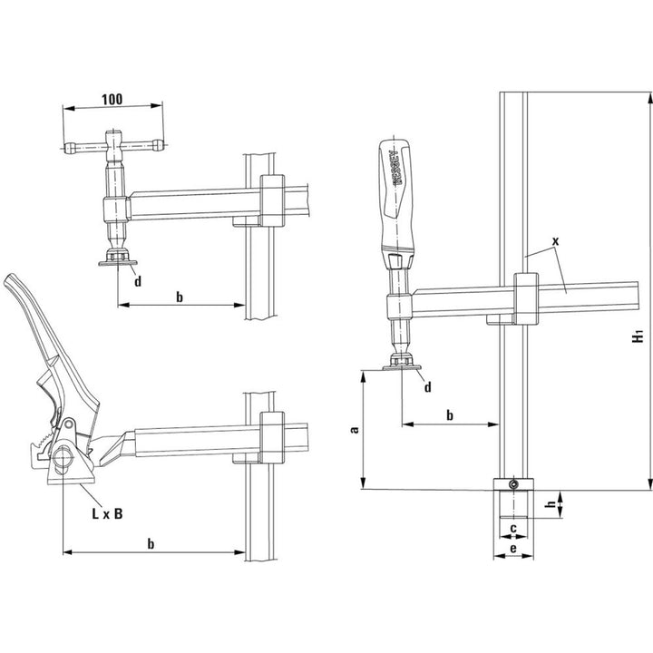 Bessey TWV16-20-15K Table Clamp, variable, T-bar, std pad, 16 mm