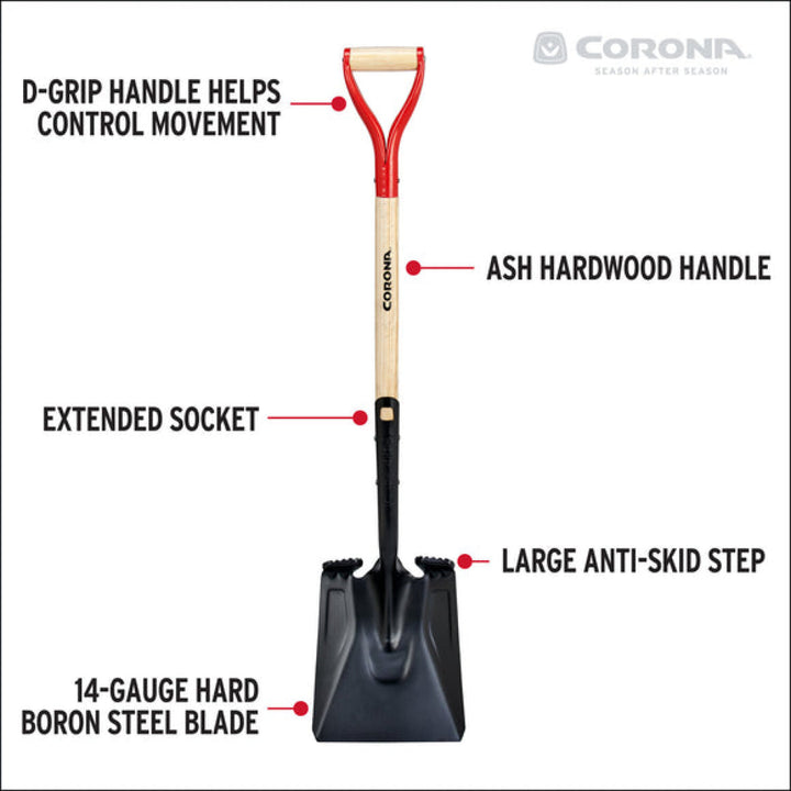 Corona SS16001 Square Point Hardwood D Grip Shovel, 14 Gauge