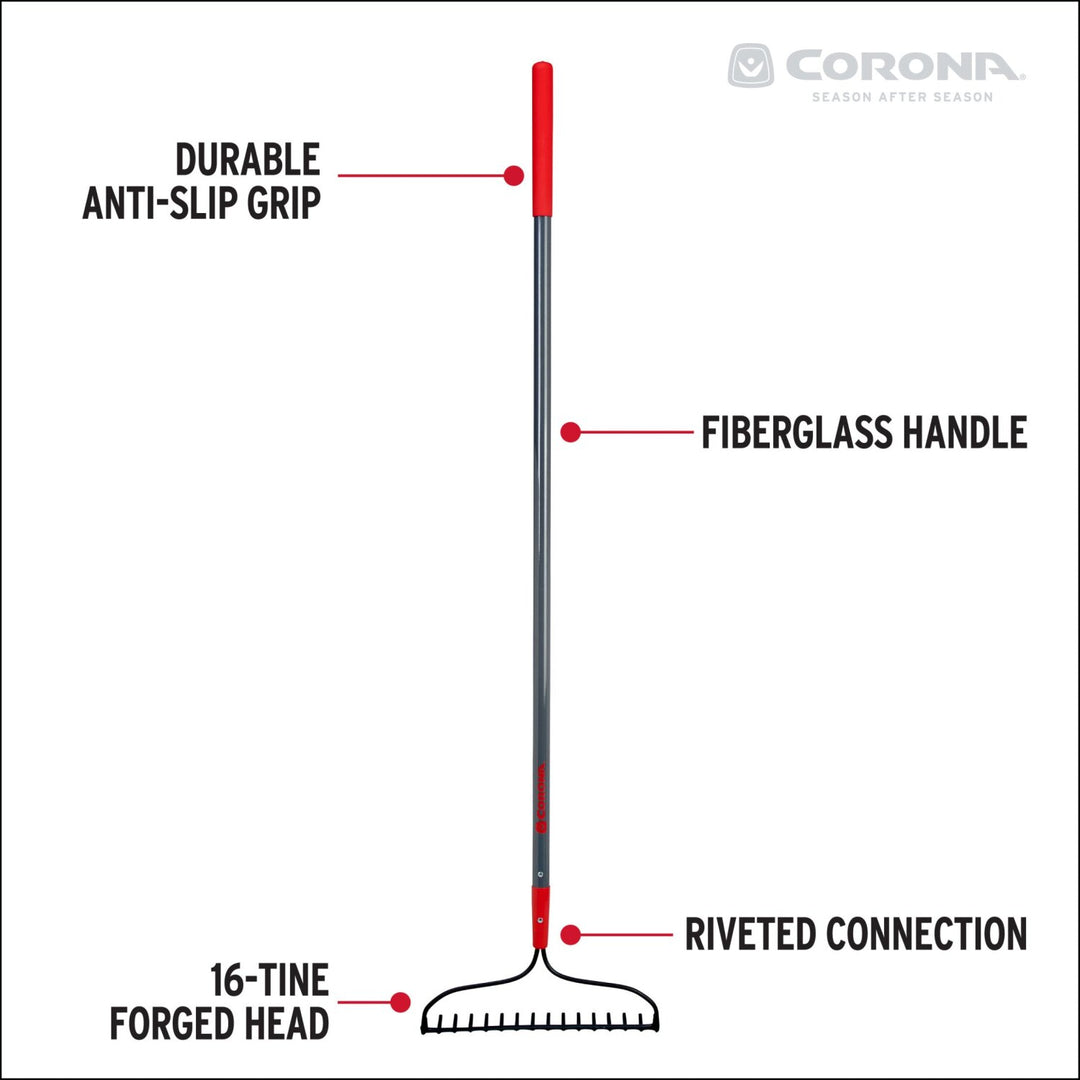 Corona RK16020 Forged Bow Rake, 16 Head, 16 Tines, Fiberglass Handle