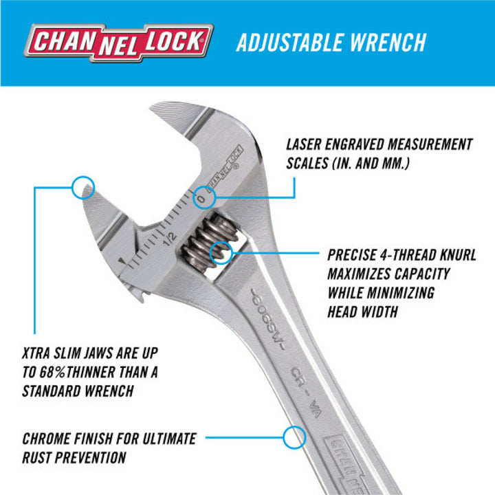 Channellock 806SW 6-inch Precision Adjustable Wrench with Extra Slim Jaw