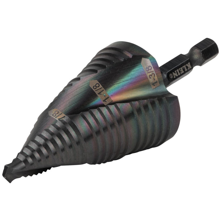 Klein Tools QRST15 Step Drill Bit, Quick Release, Spiral Flute, 7/8 to 1-3/8"