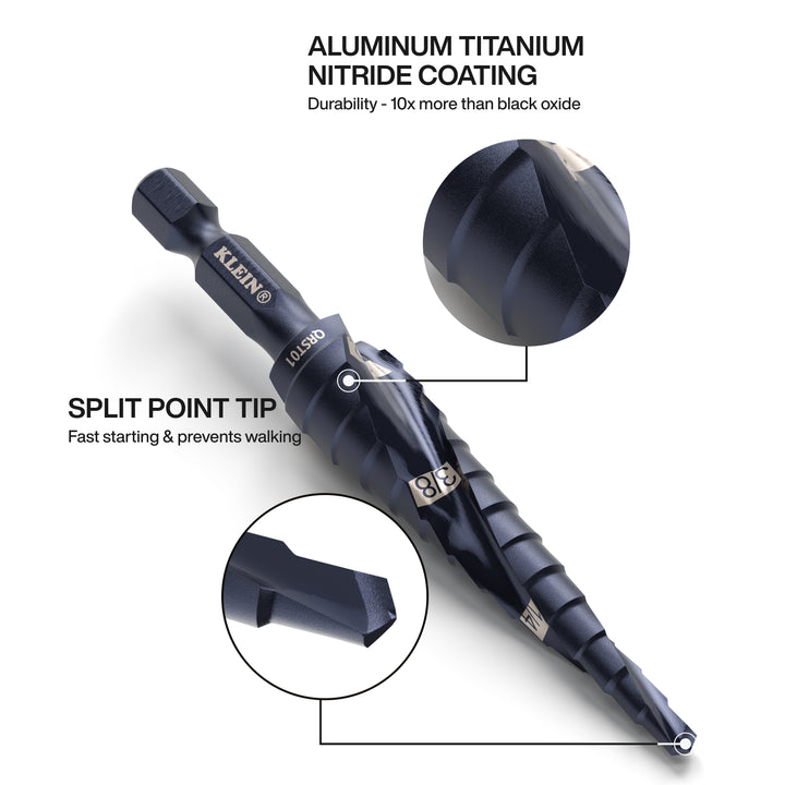 Klein Tools QRST2S Step Drill Bit Set, Quick-Release, Straight, Double Fluted, 3 Pc.