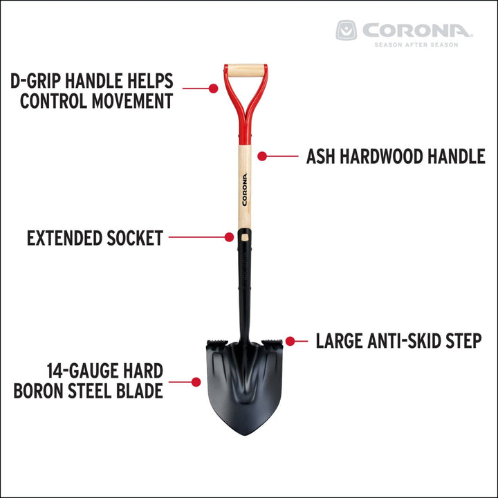 Corona SS16101 Boron Steel 14-Gauge Round Point Shovel, D Grip Hardwood Handle