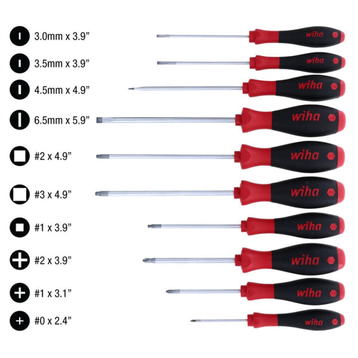Wiha Tools 30290 SoftFinish Slotted/Phillips/Square Screwdriver Set, 10 Pc.