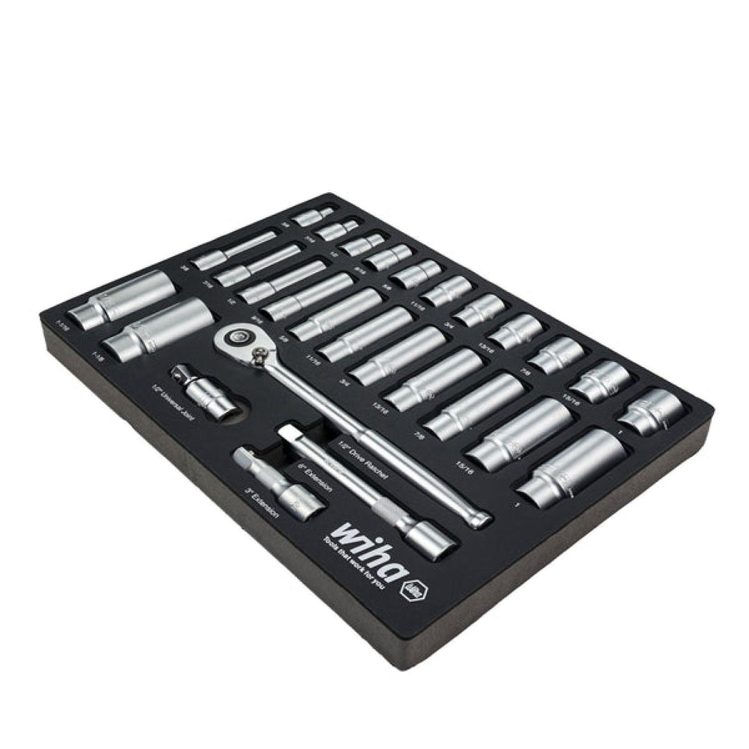 Wiha 33896 28 Piece 1/2" Drive Professional Standard and Deep Socket Tray Set - SAE