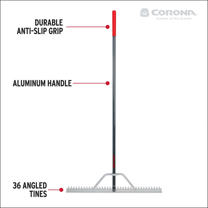Corona RK16630 Full Aluminum Landscape Rake, 36 in. Head, 36 Tines, Poly Grip