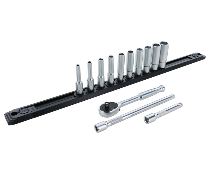Wiha Tools 33392 1/4 Inch Drive Deep Socket Set 5/32-9/16 with Ratchet and Extensions 13-Piece