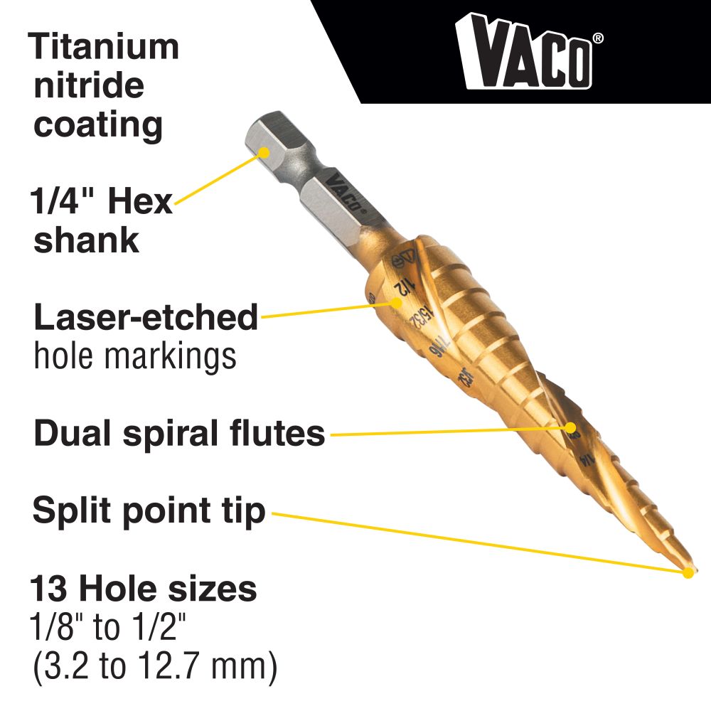 Klein Tools 25964 Step Drill Bit, Spiral Double-Fluted, 1/8-Inch to 1/2-Inch, VACO