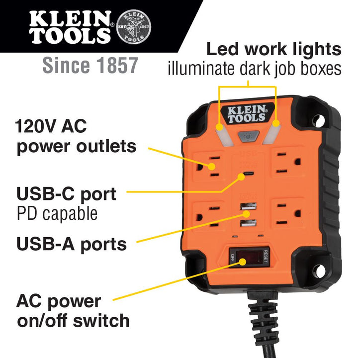 Klein Tools 29601 PowerBox 1, Magnetic Mounted Power Strip with Integrated LED Lights