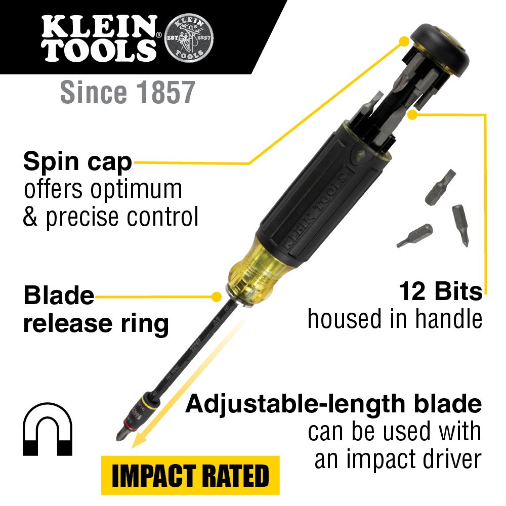 Klein Tools 32304 14-in-1 HVAC Adjustable-Length Impact Screwdriver with Flip Socket