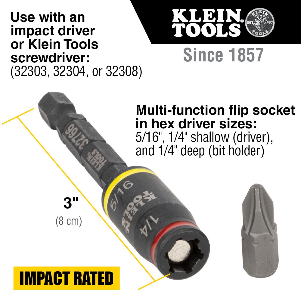 Klein Tools 32766 3-in-1 Impact Flip Socket, 1/4-Inch, 5/16-Inch, 3-Inch Length