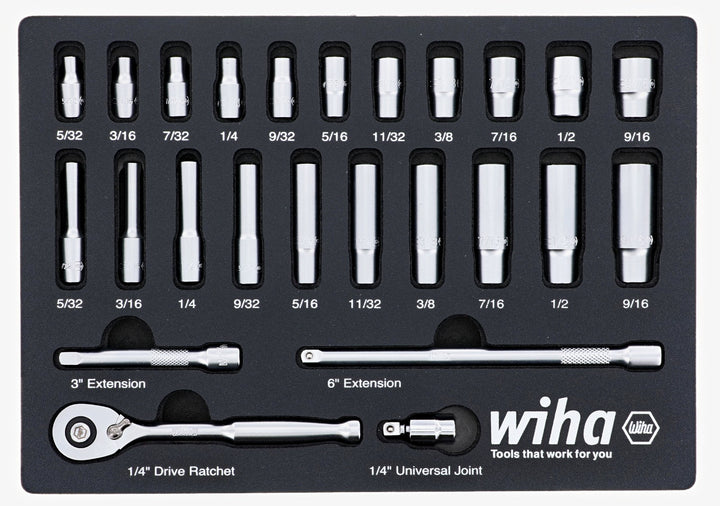 Wiha 33396 25 Piece 1/4” Drive Professional Standard and Deep Socket Tray Set - SAE
