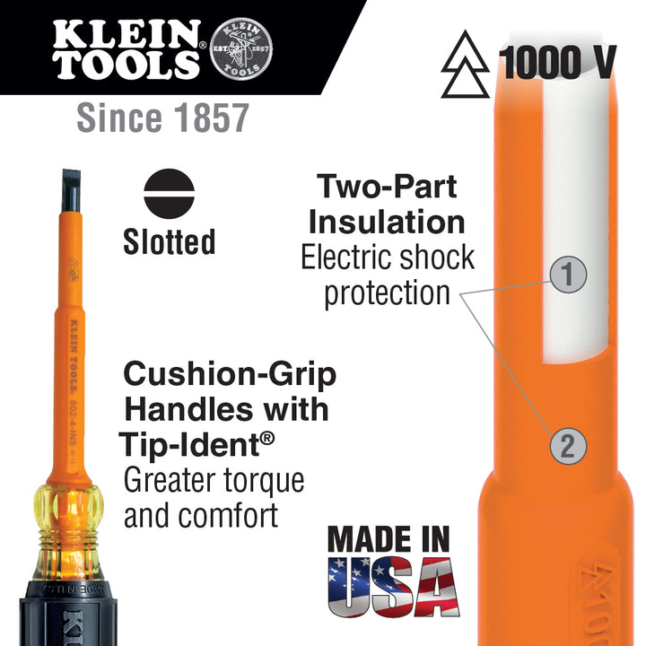 Klein Tools 601-4-INS Insulated Screwdriver, 3/16-Inch Cabinet, 4-Inch