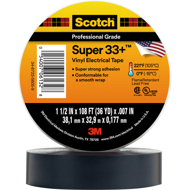 Scotch® Super 33+ Vinyl Electrical Tape, 1-1/2 in x 36 yd, 1-1/2 in
Core, Black