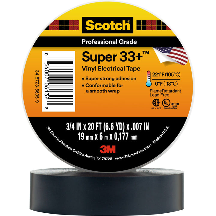 Scotch® Super 33+ Vinyl Electrical Tape, 3/4 in x 20 ft, Black, 10
rolls/carton