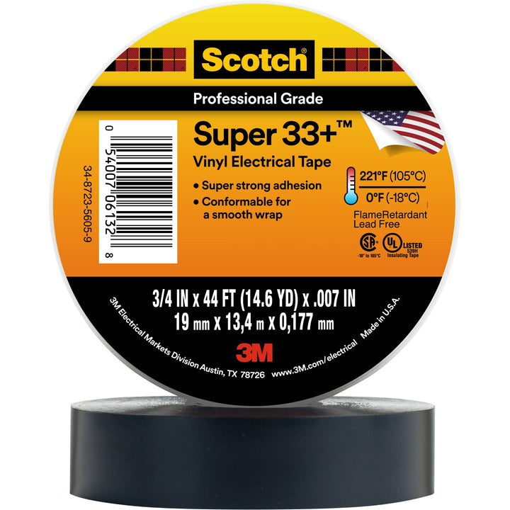 Scotch® Super 33+ Vinyl Electrical Tape, 3/4 in x 44 ft, Black, 10
rolls/carton