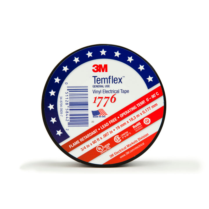 3M Temflex Vinyl Electrical Tape 1776, 3/4 in x ‎60 ft, 1-1/2 in Core,
Black