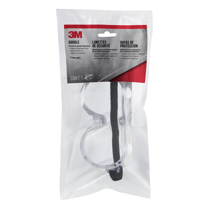 3M Goggle Chemical Splash, 91252H1-DC-10, Black Strap, Clear Lens