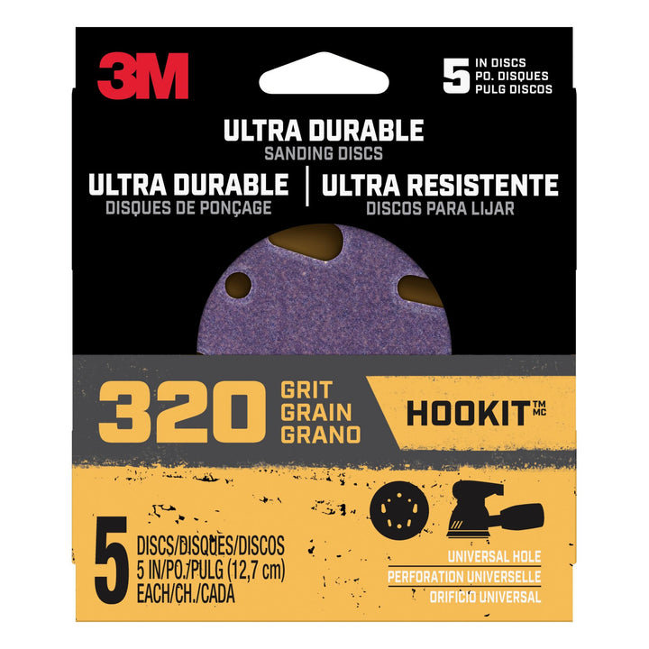 3M Ultra Durable 5 inch Power Sanding Discs, Universal Hole, 320 grit