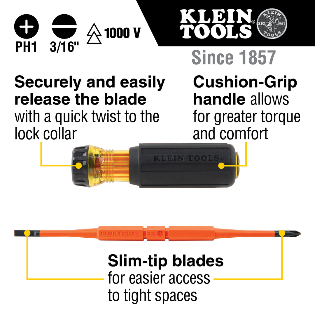 Klein Tools 32286 2-in-1 Insulated Flip-Blade Screwdriver, #1 Ph, 3/16-Inch Sl