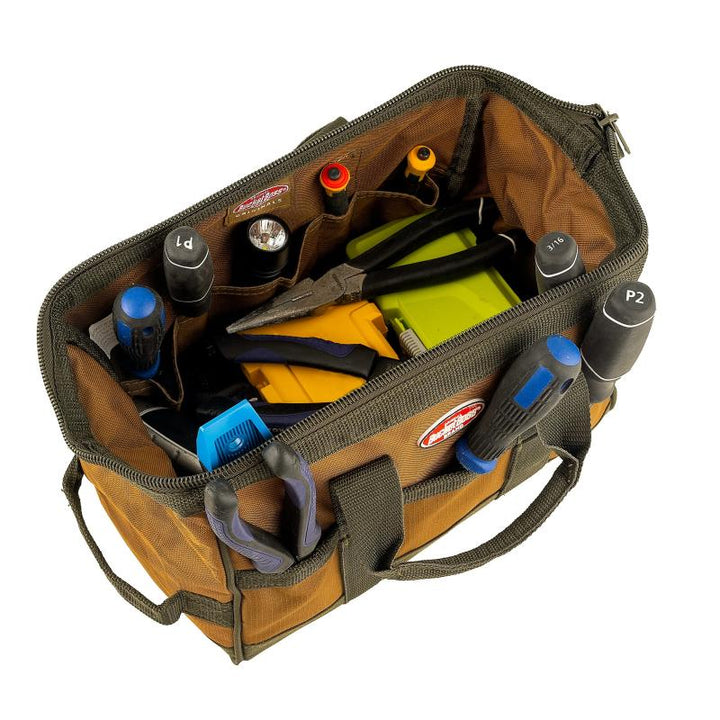 Bucket Boss 60012 Gatemouth 12 Tool Bag, Green, Brown 16 Pockets