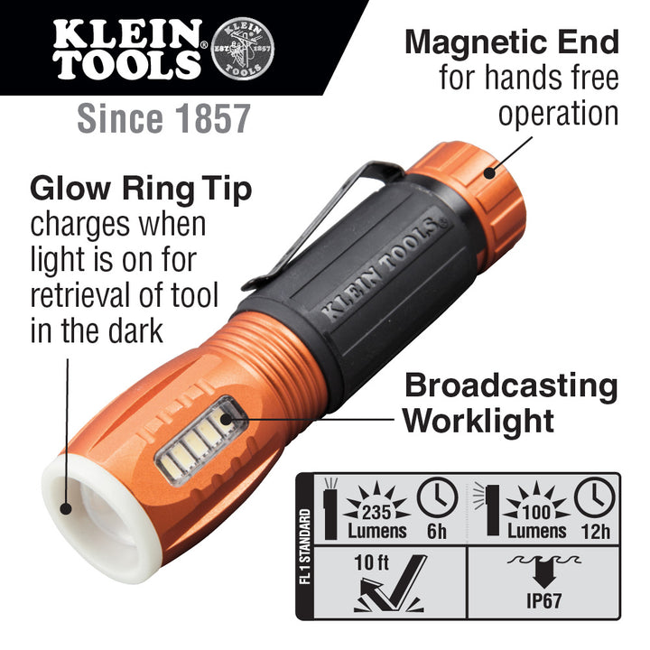 Klein Tools 56028 LED 235 Lumen Flashlight and 100 Lumen Work Light, Durable Waterproof, Hands-free Magnetic