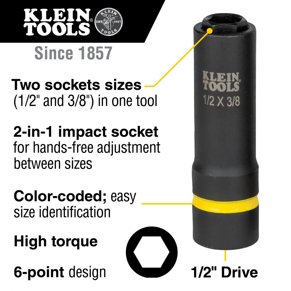 Klein Tools 66061 2-in-1 Deep Impact Socket, 6-Point 1/2-Inch and 3/8-Inch Hex Socket, use with Impact Wrenches BAT20-CW, BAT20-CW