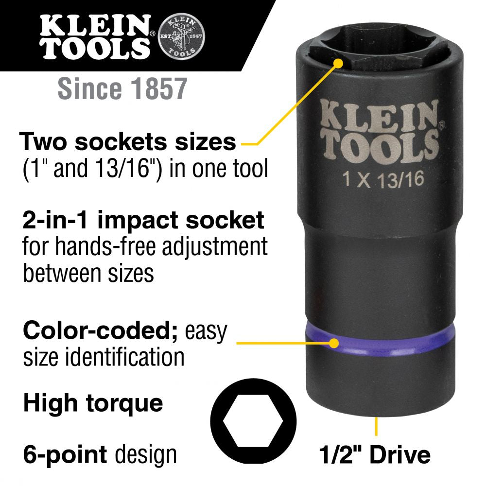Klein Tools 66065 2-in-1 Deep Impact Socket, 6-Point 1-Inch and 13/16-Inch Hex Socket Sizes, Use with Impact Wrenches BAT20-CW, BAT20-CW