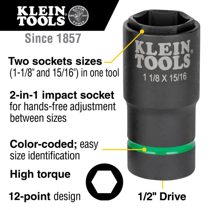 Klein Tools 66066 2-in-1 Deep Impact Socket, 6-Point 1-1/8-Inch and 15/16-Inch hex socket sizes, Use with Impact Wrenches BAT20-CW, BAT20-CW