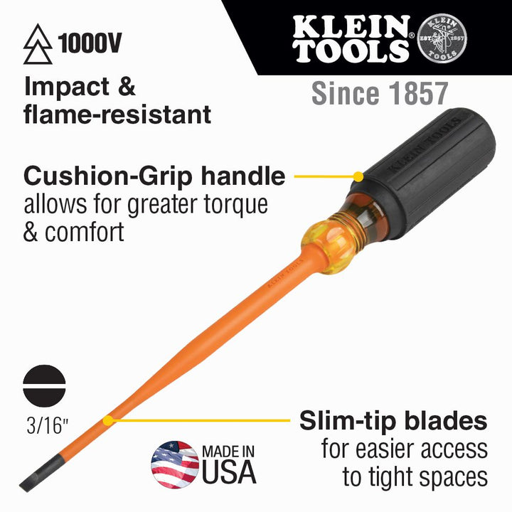 Klein Tools 6924INS Slim-Tip Insulated Screwdriver, 1/4-Inch Cabinet, 4-Inch Round Shank